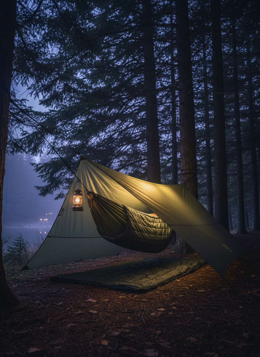 A cozy nighttime hammock camp tucked beneath dense conifers, focusing on a dark forest-green hammock with an underquilt snugly fitted, all protected by a low, storm-ready tarp. A small, carefully contained camp lantern hangs from the ridgeline, casting a warm golden glow on the ripstop fabric while the rest of the forest recedes into cool blue darkness. Wisps of fog drift between tree trunks in the background. Photographic realism, long-exposure feel with subtle bokeh from distant reflections, shot from a low side angle at hammock height. The mood is serene, safe, and slightly adventurous, perfect for illustrating all-weather hammock camping confidence and comfort.