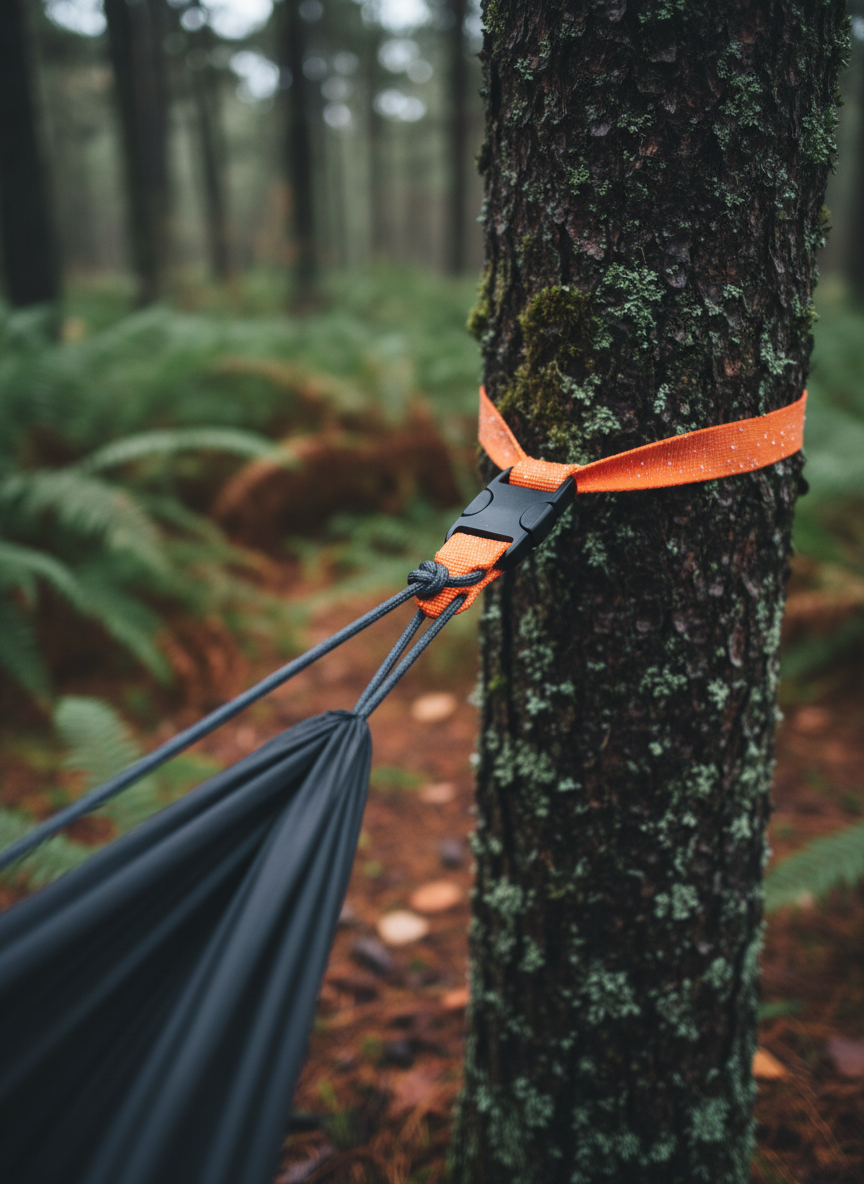 A close-up, detailed view of a backcountry hammock suspension system, showing bright orange tree straps wrapped cleanly around a mossy pine trunk, with a black titanium cinch buckle and neatly tensioned whoopie sling leading to a dark charcoal gathered-end hammock. Beads of dew cling to the webbing fibers, emphasizing texture. The background shows a softly blurred forest floor with ferns and scattered leaves. Cool, diffused overcast light creates even illumination with soft, minimal shadows, enhancing the professional, instructional mood. Photographic realism, shot from a slightly low angle along the strap line, with the composition using the rule of thirds to highlight hardware and attachment points, ideal for a gear guide or setup tutorial.