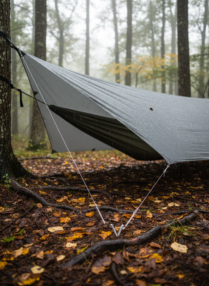 A detailed side view of a hammock camping rain setup in a drizzling backcountry forest, featuring a taut, catenary-cut tarp in slate gray with perfectly tensioned guylines leading to small titanium stakes buried in damp soil. Droplets of water bead and run off the tarp’s surface, with the dark olive hammock just visible in the dry space beneath. The forest floor is rich with wet leaves and glistening roots. Soft, overcast sky creates diffused, moody lighting with subtle reflections on wet surfaces. Photographic realism, shot at eye level along the line of the tarp edge, medium depth of field, conveying rugged reliability and practical, professional attention to weather protection.