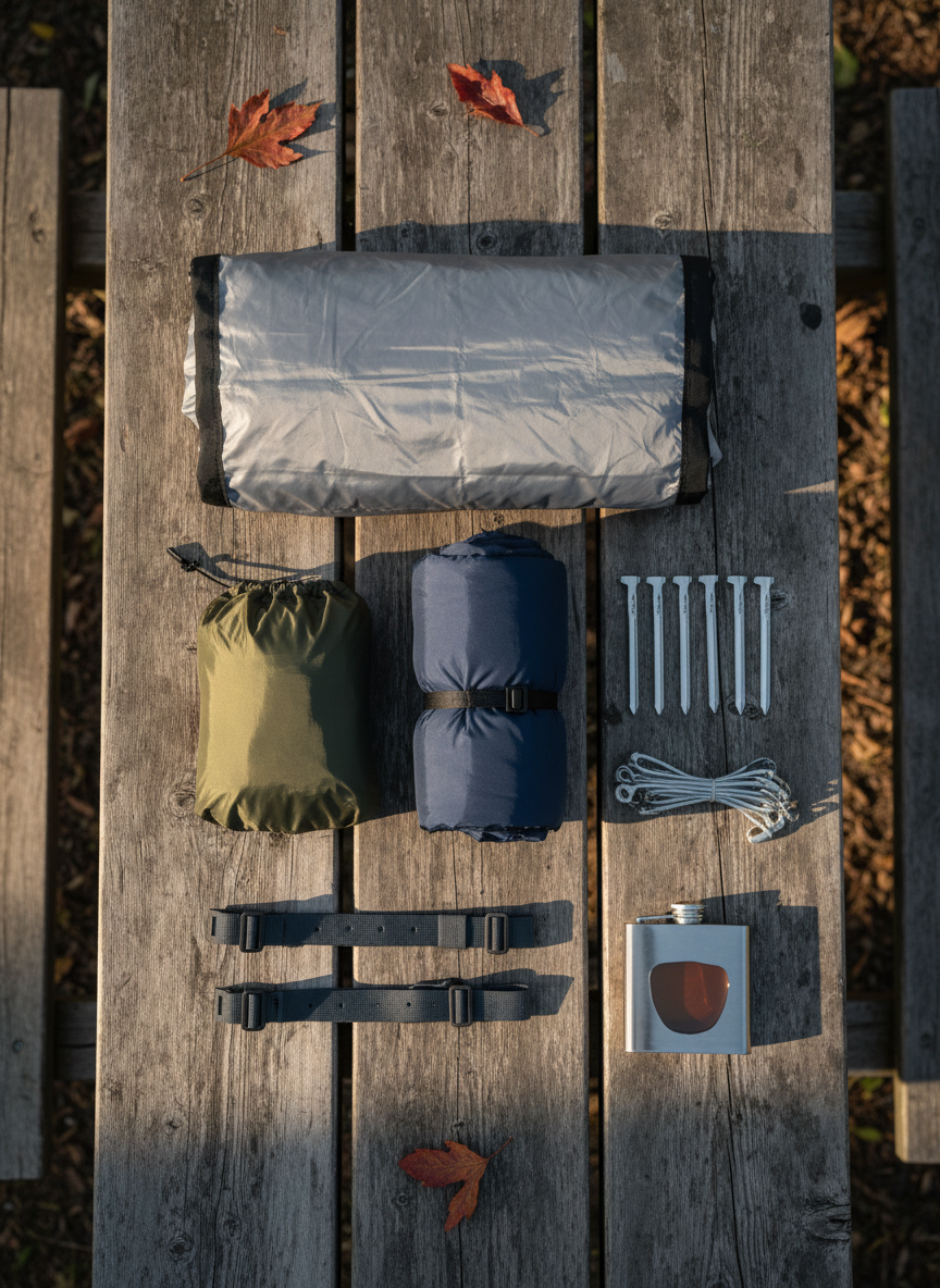 A minimalist top-down view of a complete hammock camping kit laid out on a weathered wooden picnic table at a forest trailhead: compact hammock in a muted olive stuff sack, rolled underquilt in deep navy, neatly folded tarp, ultralight aluminum stakes, reflective guylines, tree straps, and a small metal flask of amber whiskey catching the light. Scattered dried leaves add organic texture. Soft late-afternoon natural light from the side creates gentle shadows and subtle highlights on the fabrics and metal surfaces. Photographic realism with sharp focus throughout, clean and organized composition, calm and methodical atmosphere, designed to feel like a professional flat lay gear checklist for planning a first hammock trip.