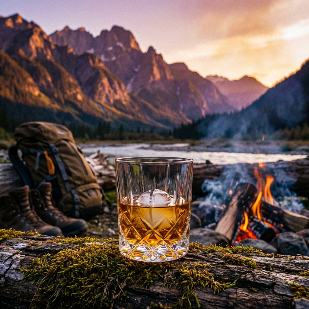 Whiskey on a mossy log beside a campfire with a mountain sunset backdrop.